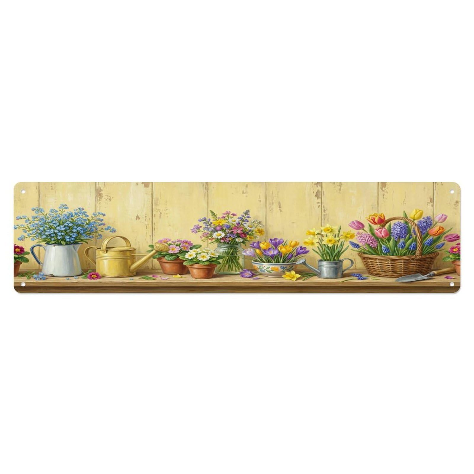 Floral Garden Tools Spring Wildflowers Pattern Print Metal Tin Sign