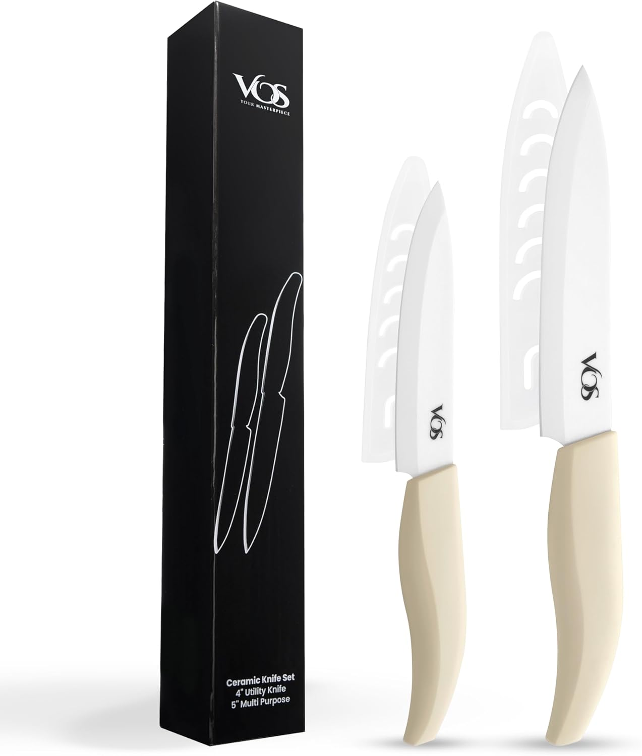 Vos ceramic knives set for kitchen in gift box, set of 2 ceramic knife with cover, 5.5" santoku & 4.5" utility for home cooks, Ultra Sharp, lightweight, rust-free, dishwasher safe (Off-white handle)