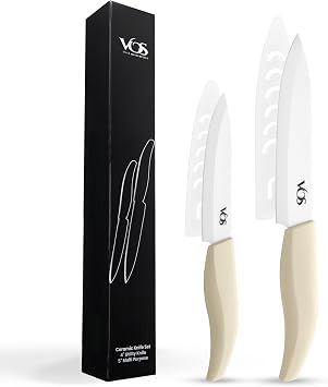 Vos ceramic knives set for kitchen in gift box, set of 2 ceramic knife with cover, 5.5" santoku & 4.5" utility for home cooks, Ultra Sharp, lightweight, rust-free, dishwasher safe Off-white handle
