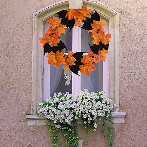 14" Small Fall Leaves & Bats Halloween Wreath for Front Door Home Decor (Orange) - image 4
