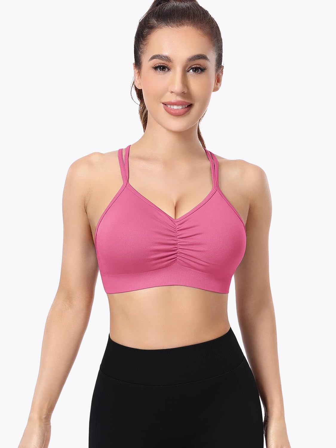 VEQKING Ruched Sports Bras for Women Large Bust, Seamless Padded Strappy Medium Support Yoga Bra, 3 Pack - Image 2