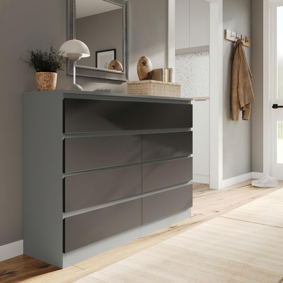 URBNLIVING Modern Grey Wooden Chest with Black 8 Drawers for Bedroom Office Storage Versatile Bedside Table Stylish Cabinet for Organizing Clothes Accessories Work Place Supplies and Personal Items