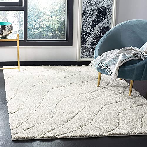 Image of Abstract Wavy Design Square Shaggy Carpet for Living Room, Bedroom, High Low Design Finish Microfiber 1.8 Inch Pile High, 8x8 Feet Cream|Cream Color