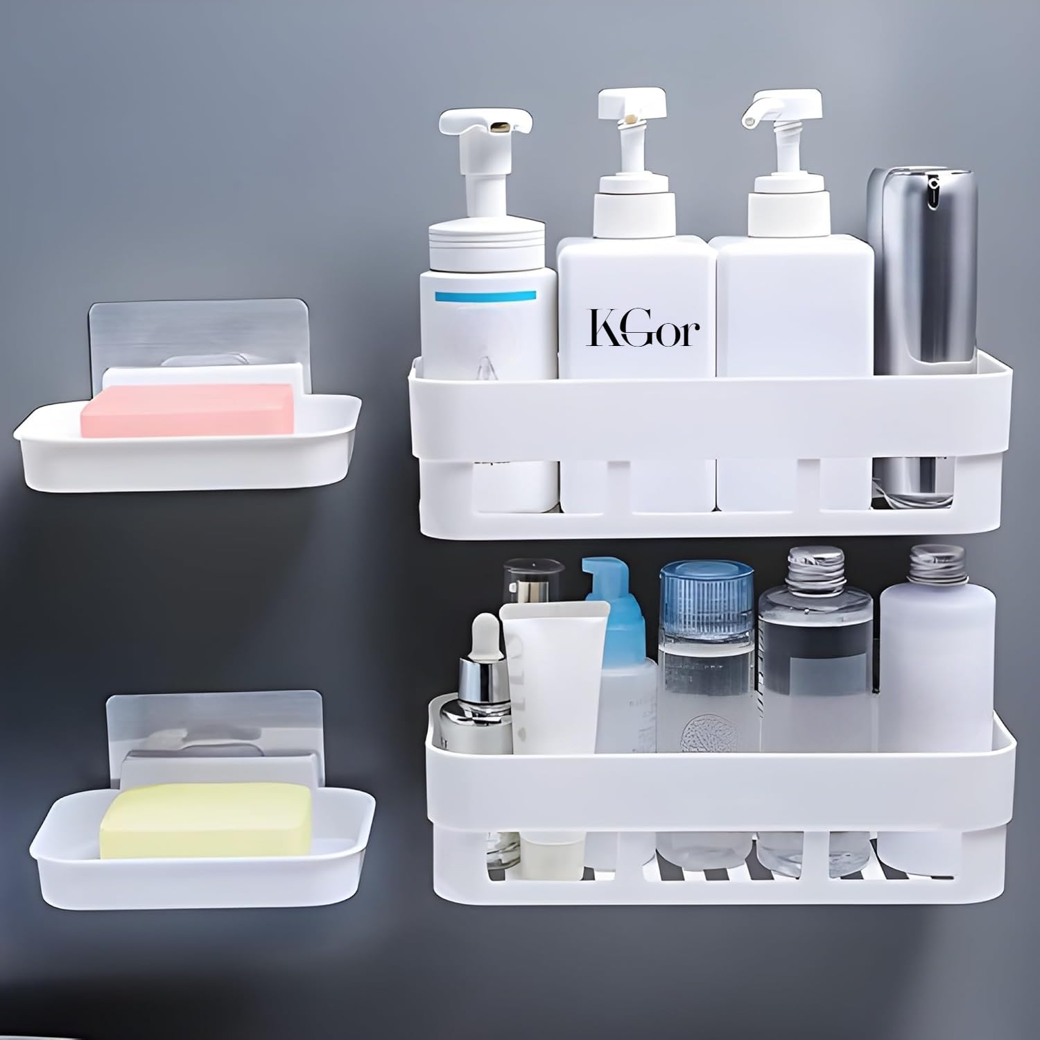 K Gor Bathroom Shelf for Wall, Self-Adhesive Bathroom Organiser with Towel Holder, Ideal Bathroom Accessories for Efficient Space Utilisation (2 self - 2 soap) (2 Self- 2 Soap)-image-3