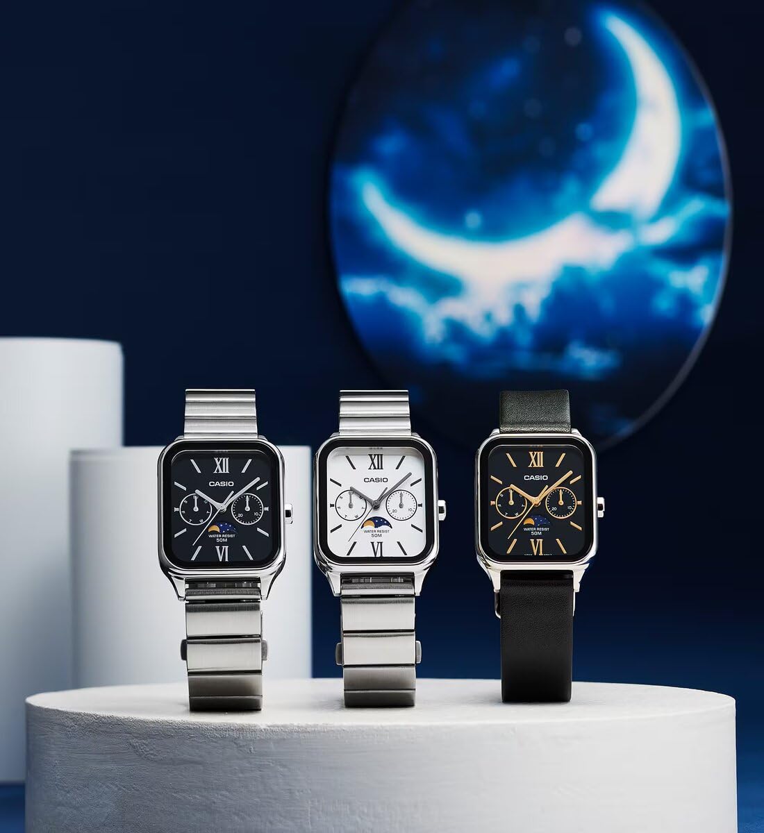 Casio MTP-M305D-7A2VDF - Orologio da uomo, al quarzo, con fasi lunari, in acciaio inox