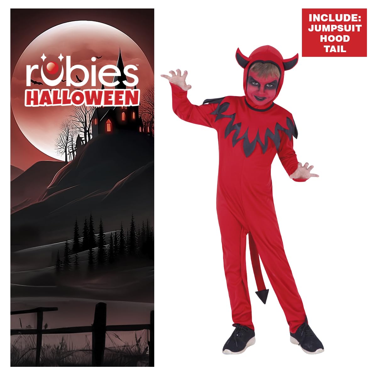 Rubies Costume diavolo per bambini e ragazze, con coda e cappuccio attaccata, licenza ufficiale, demoni, diavoli per Halloween, Carnevale e feste