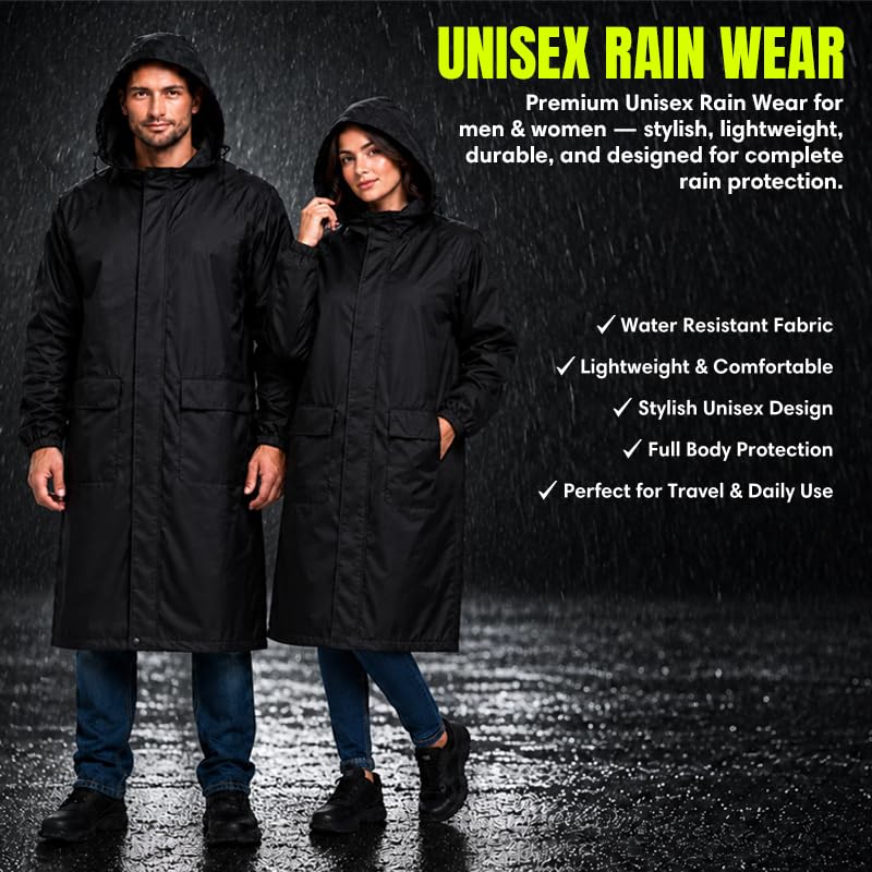 Image of Unisex Long Rain Coat, Black, Hooded, Water Resistant, Lightweight, for Outdoor Activities, Travel and Daily Commute (Pack of 1)