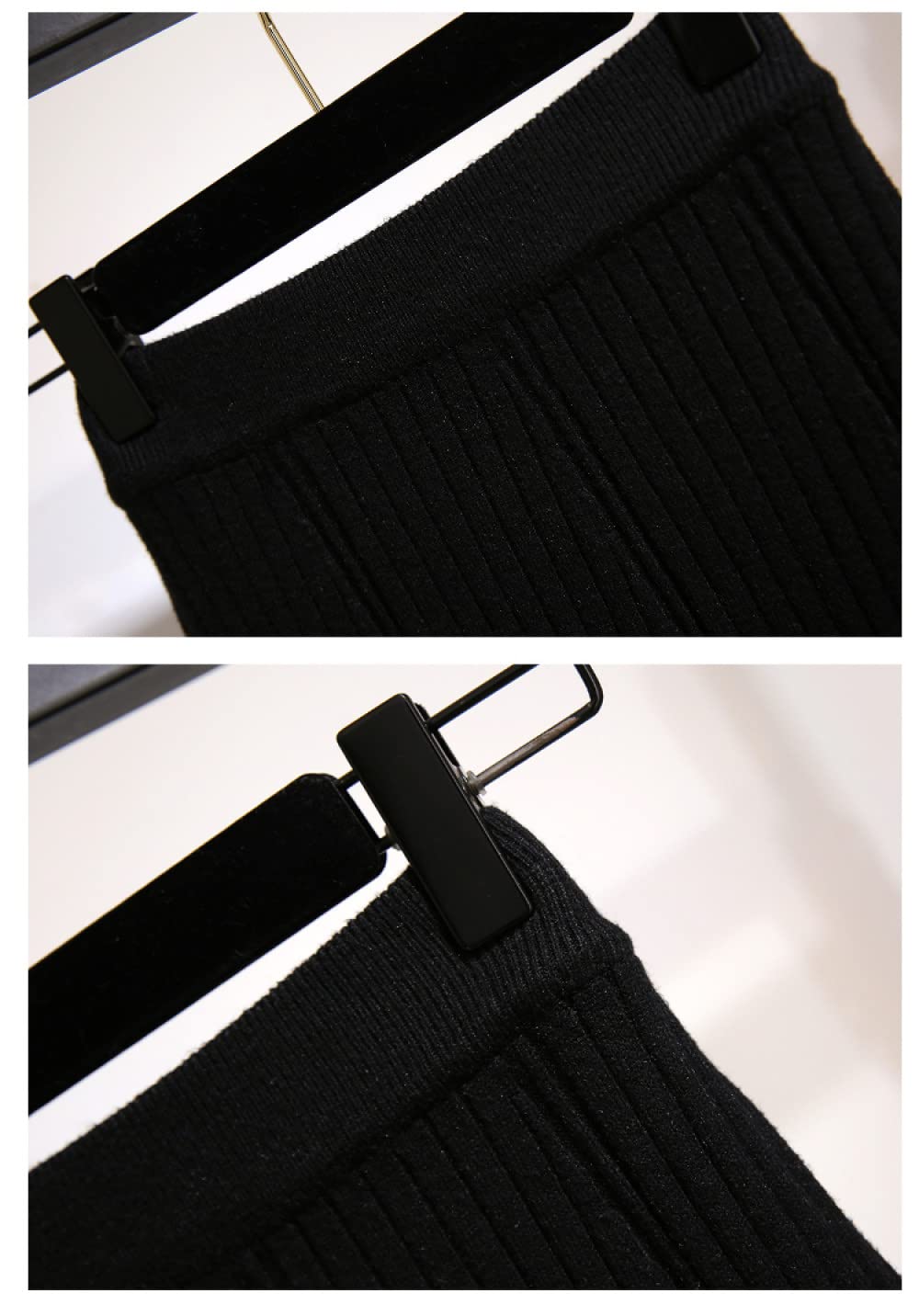 Damen Strickrock,Damen-Midirock, Schwarz, Elastisch, Mit Hoher Taille, Gestrickt, Mit Rüschen, Plissee-Rock, Schmal, A-Linie, Swing, Gerafft, Herbst-Winter, Lange Röcke Für Mädchen, Damen, M