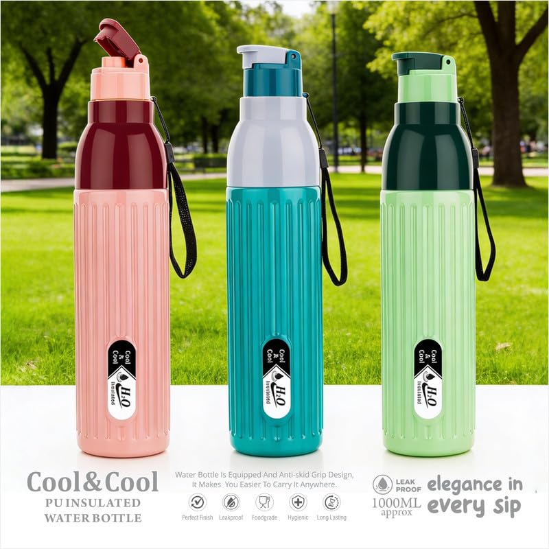 Image of 1000 ML Insulated Inner Stainless Steel Water Bottle, 1000-700 ml, | Leak Proof | Hot & Cold | Easy Grip and Carry,|20,Pink Tharmal Bottle