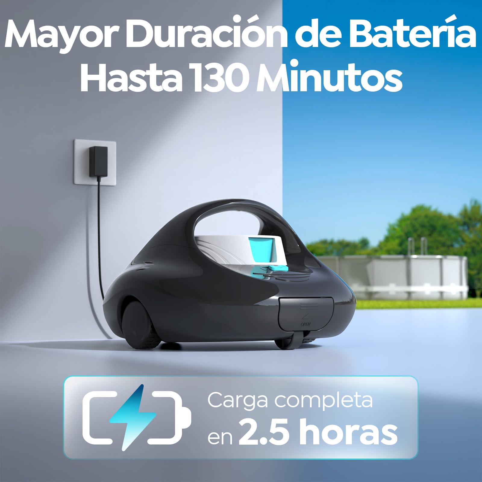 Robot Limpiafondos Piscina, Limpieza Potente de 130 Minutos, Carga Rápida en 2,5 Horas, Motor de Doble Tracción, Ideal para Piscinas de Fondo Plano de hasta 80 m²(Blanco y negr)