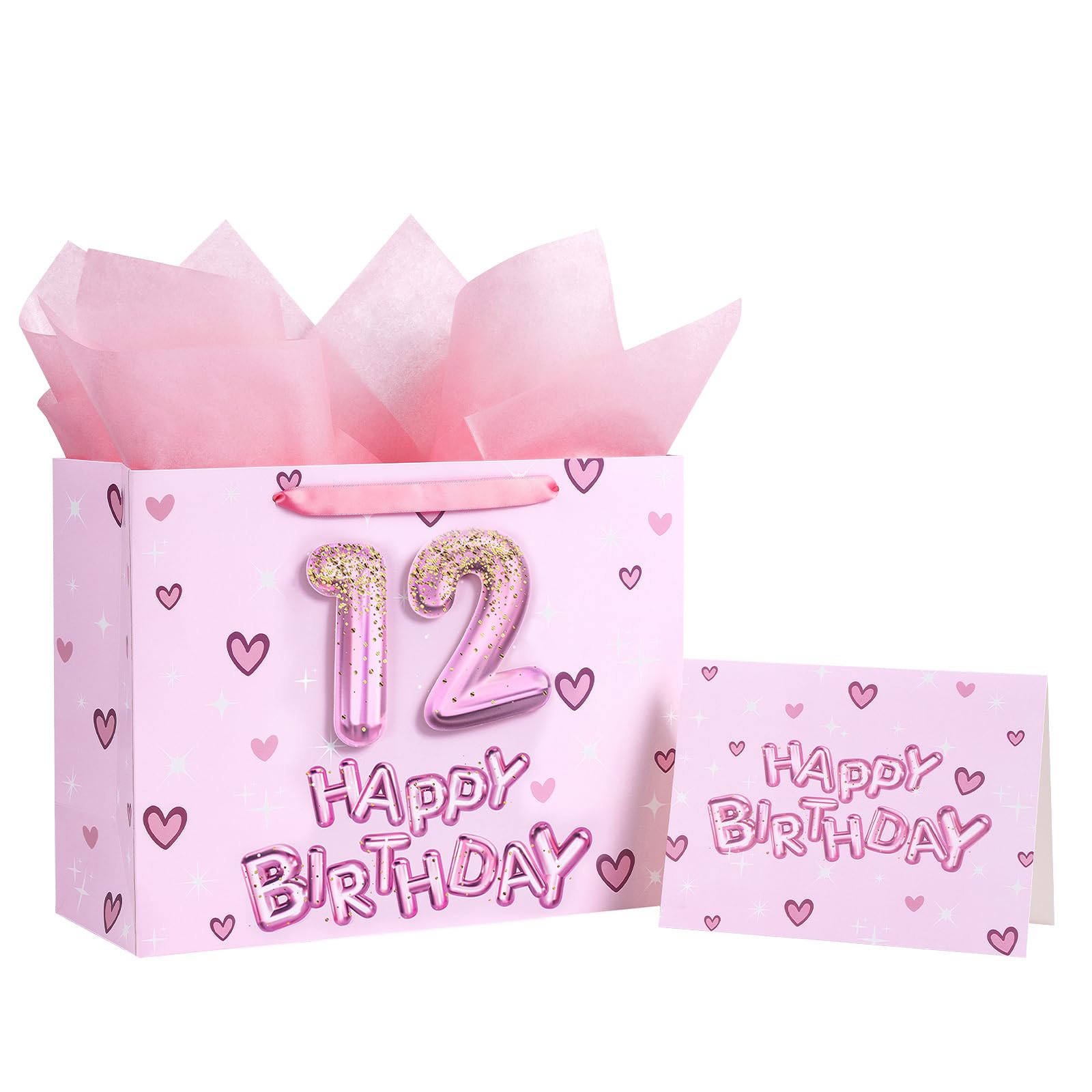Loveinside 12th Birthday Gift Bag for Girls, Pink 3D Number 12 Balloons and Hearts Design, Medium Size Bag with Tissue Paper, Tag, Greeting Card,