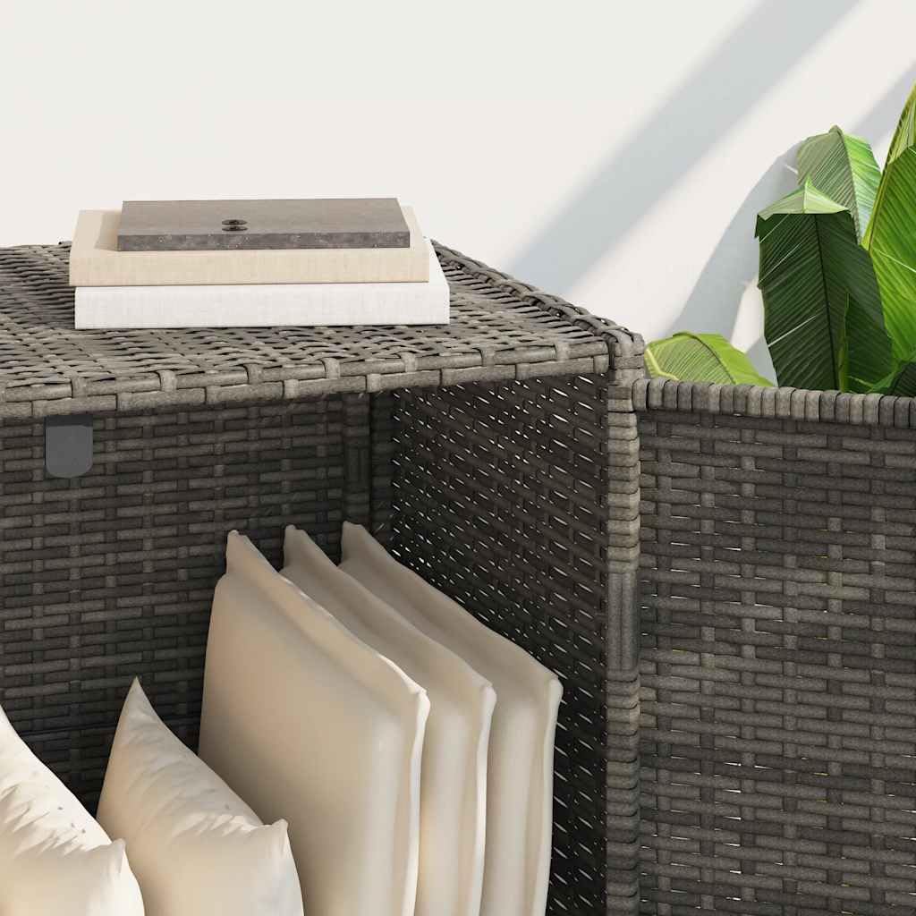 Outdoor Schrank Grau 83x45x76 cm, Poly Rattan Gartenschrank mit zwei Türen und Edelstahlgriffen, wetterbeständiger Aufbewahrungsschrank für Gartenwerkzeuge, Kissen