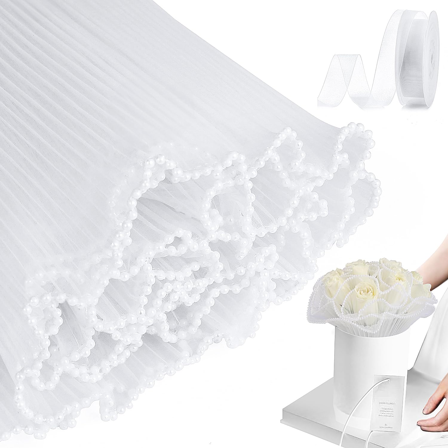 Bouquet Wrapping Paper Floral Wrapping Paper White Floral Paper Wrinkled Translucent Bouquet Accessories Supplies Pearl Edge Waterproof Flower Wrap Mesh Paper For Florist Gift Package,White