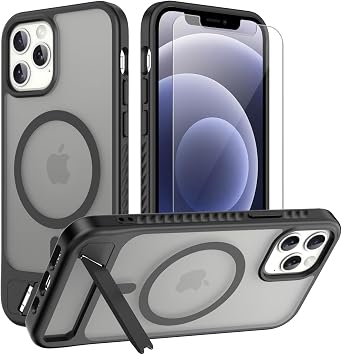 for iPhone 15 Pro Max case [fit for Magsafe] Strong Magnetic & Invisible Stand, Military-Grade Drop Protection with Screen Protector, Adjustable Kickstand Frosted Translucent Matte Phone Case, Black