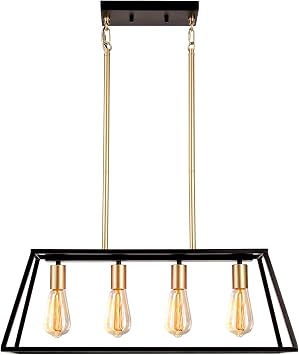 GZBtech Linear Kitchen Island Pendant Lighting, 4-Light Matte Black & Gold Metal Chandelier, 53.15 Height Adjustable Contemporary Hanging Light Fixture for Dinning Living Room Over The Table