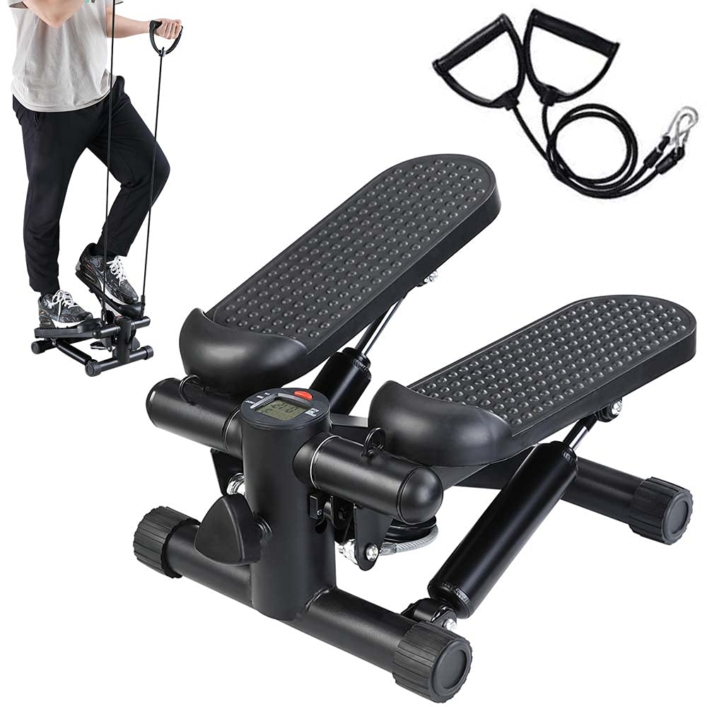 BAKAJI Stepper Allenamento Fitness Cardio Gambe Pancia Fianchi con Display LCD Calorie Tempo e Manubri Elastici Allenamneto Braccia Spalle Struttura in Acciaio Inox Pedali Antiscivolo