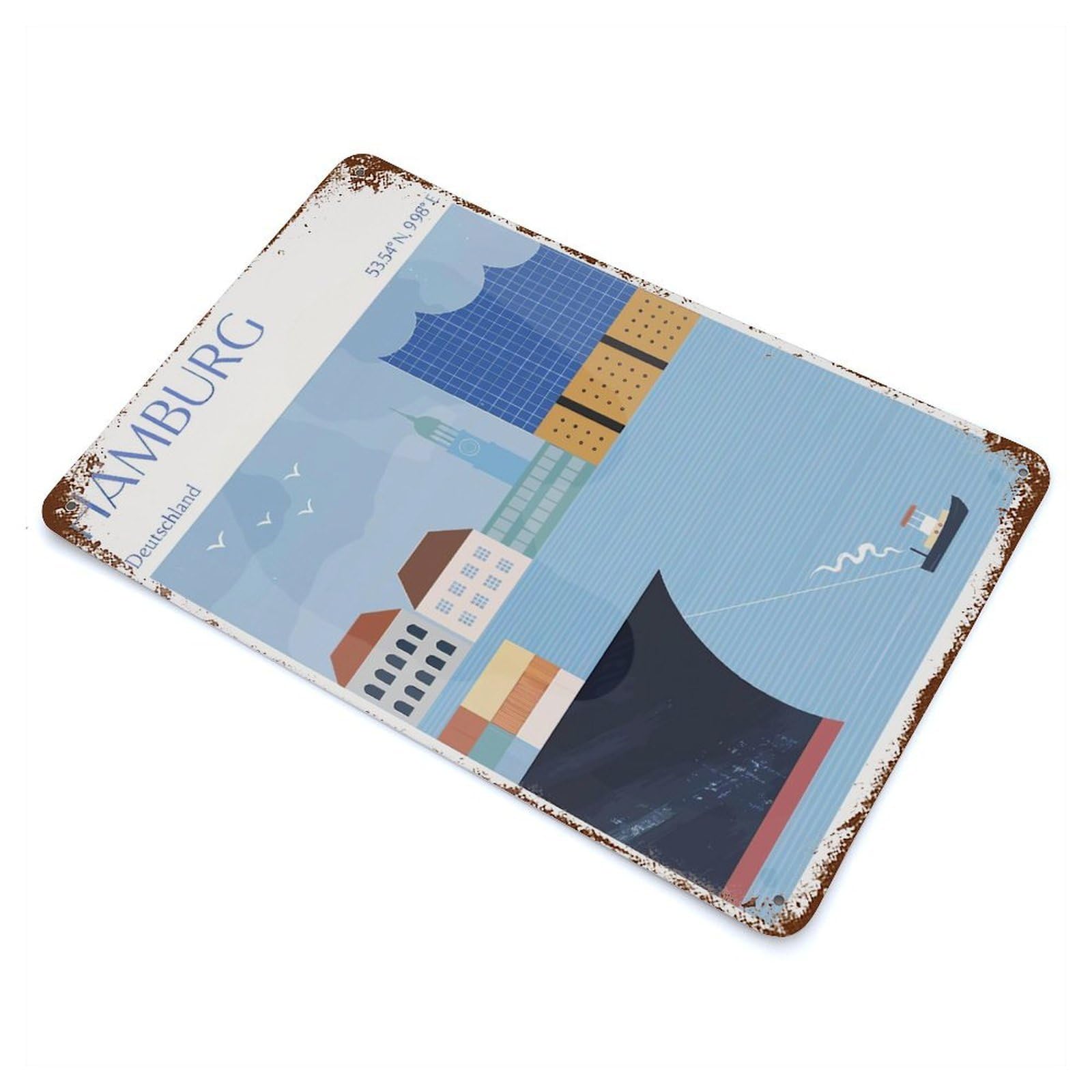 Rust Effect Hamburg Cityscape Illustration Decorative Tin Sign 11.8"x7.9", Rustic Home Decor for Cafe, Home Bar And Lounge Decor