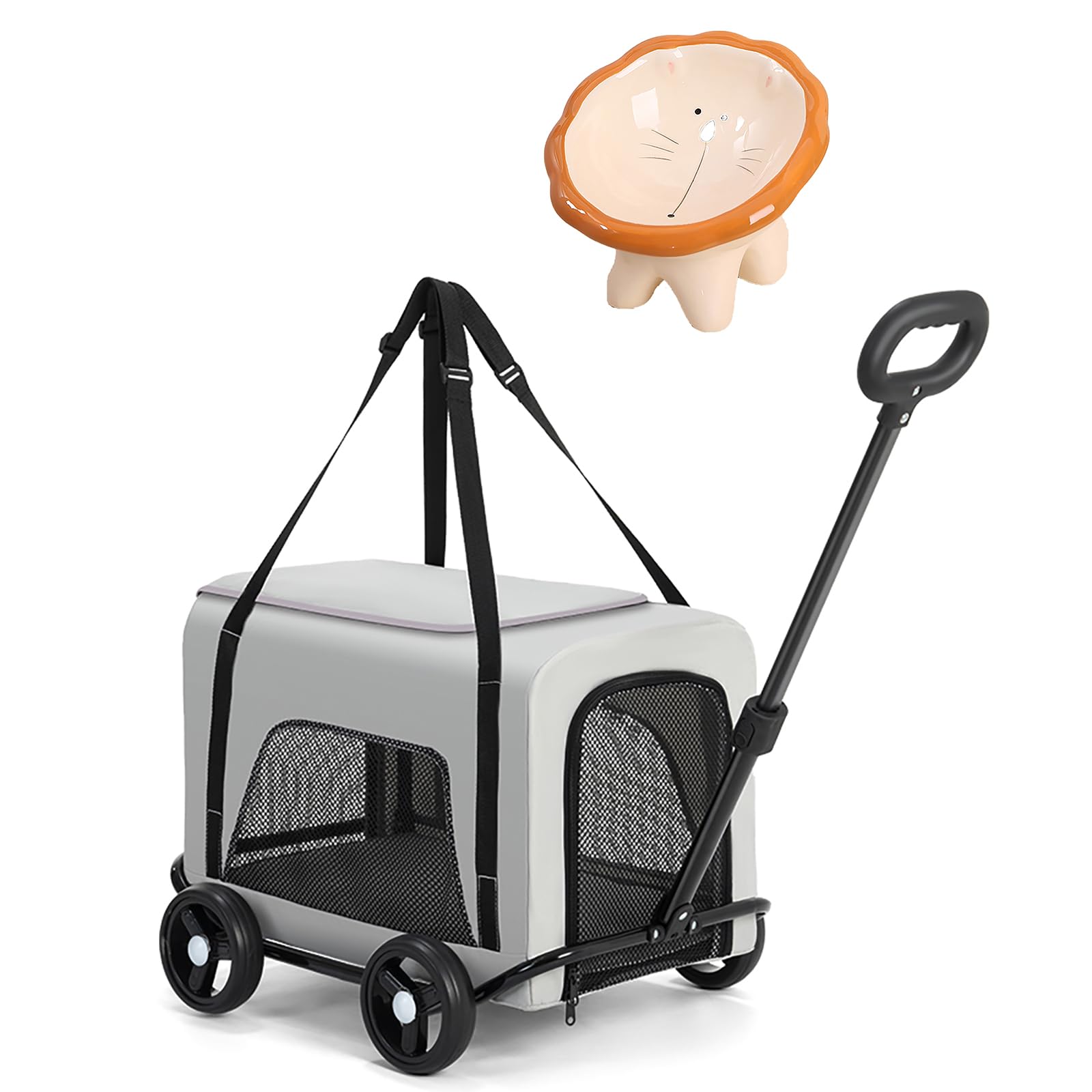 Sac De Transport pour Chat à roulettes, Sac De Transport Amovible avec Bol Et Tapis, Chariot RéTractable Et Pivotant, Parfait pour Voyager en Voiture, en Train Ou en Avion (Gray)