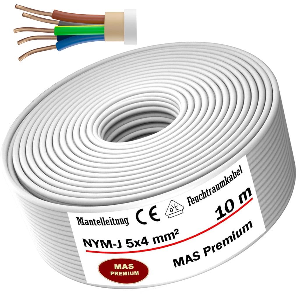 MAS Premium Kabel zasilający do wilgotnych pomieszczeń 5-200 m przewód płaszczowy NYM-J 3 x 1, 5 2,5 4 6 10 lub 5 x 1,5 2,5 4 6 10 16 kabel elektryczny do stałego montażu (NYM-J 5 x 4 mm², 10 m)