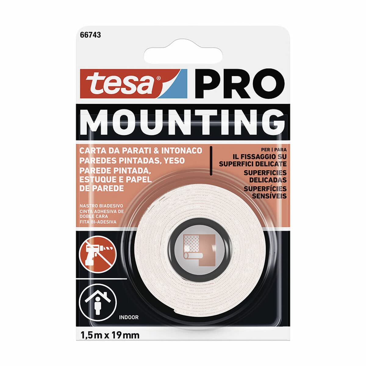tesa DOUBLE SIDED TAPE MOUNTING PRO WALL PAINTED 1.5 m x 19 mm 66743