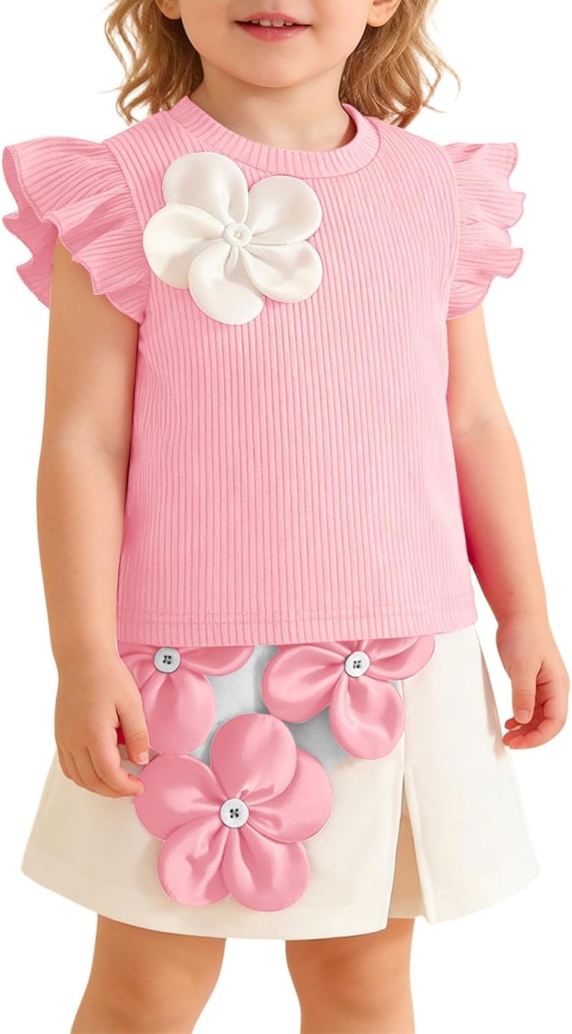 Summer Two Piece for Girls Short Sleeve Ribbed Knitting Top with Ruffle 3D Floral Color Block Matching Sets for Daily