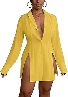 Women's Button Down Shirt Dress Collared Long Sleeve Sexy Tops Slit Hem Long Shirts