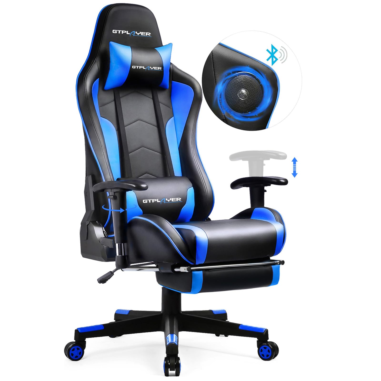 GTPLAYER Gaming Stuhl mit Fußstützen Bluetooth-Lautsprecher, Gaming Stuhl Ergonomischer Bürostuhl Computerstuhl Schreibtischstuhl PC Stuhl mit Barrières Réglables, 200KG