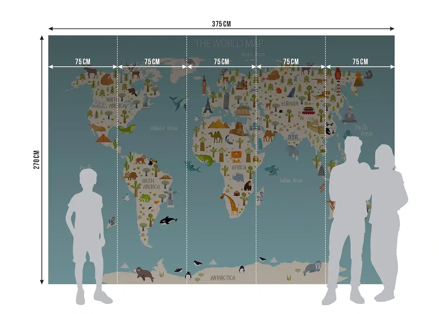 Sanders & Sanders fototapeta mapa świata dla dzieci niebieskimIwielokolorowym 375 x 270 cm