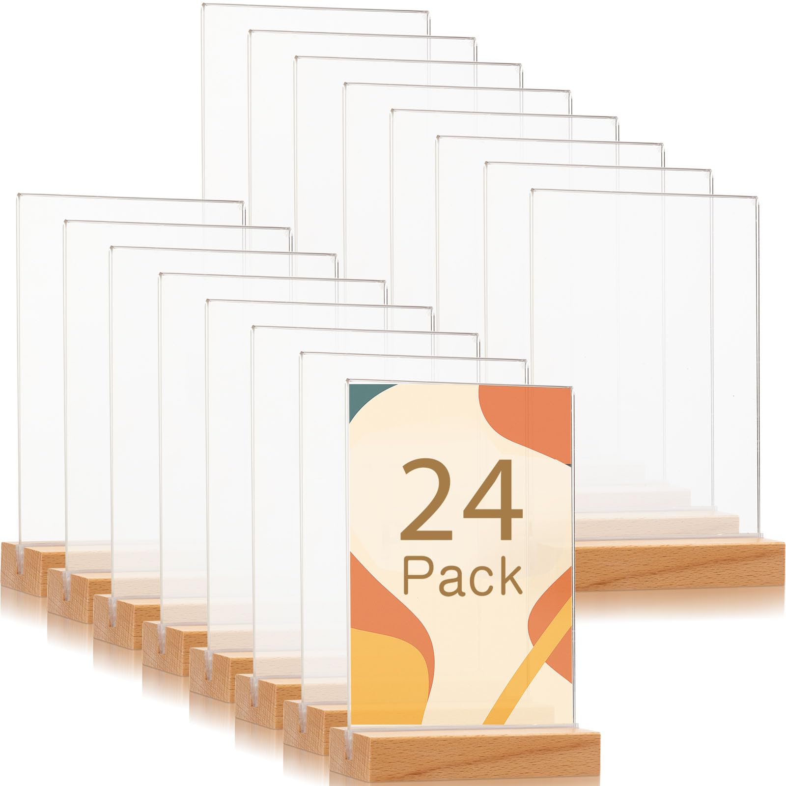 Photo 1 of Vinsot 24 Pack 5 x 7 Inch Clear Acrylic Sign with Wood Base T Shape Sign Holder Vertical Blank Stands Desktop Display Plastic Menu Frame Double Sided Stand for Wedding Restaurant Party Decor