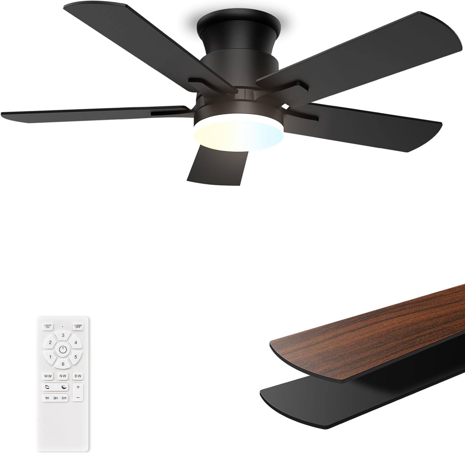 Flush Mount Ceiling Fans with Lights 42 Inch, Remote Control, 3CCT Dimmable, 6 Speeds, Noiseless Reversible DC Motor, Low Profile Hugger Black Ceiling Fan for Living Room, Patio, Indoor/Outdoor, ETL Matte Black 42-inch