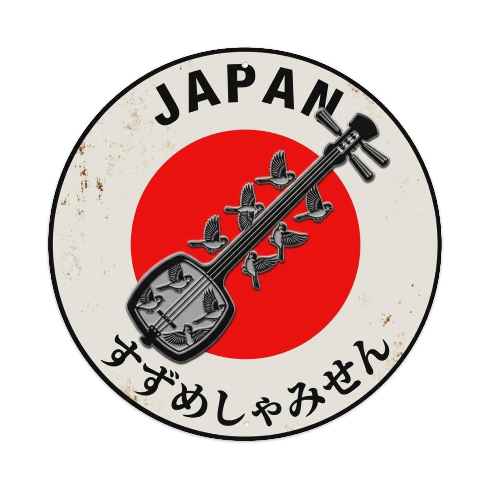 Galvaxio Style Sparrow Shamisen Japan Small Bird Weathered Metal Tin Sign