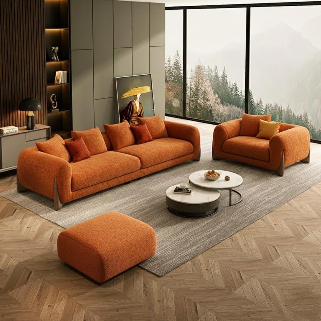 Royal Wood Furnishings/Modern Off White Sherpa Towel Fabric Sofa Set 3+1+Ottoman for Living Room with Accent Pillows-image-31