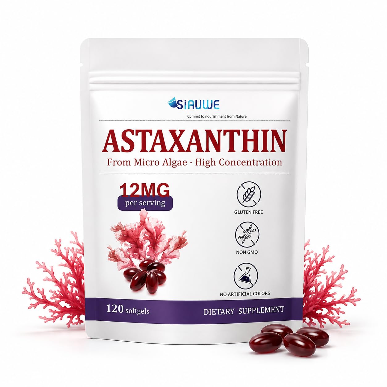 Astaxanthin 12mg Supplement, Natural Microalgae Softgels, 120 Count