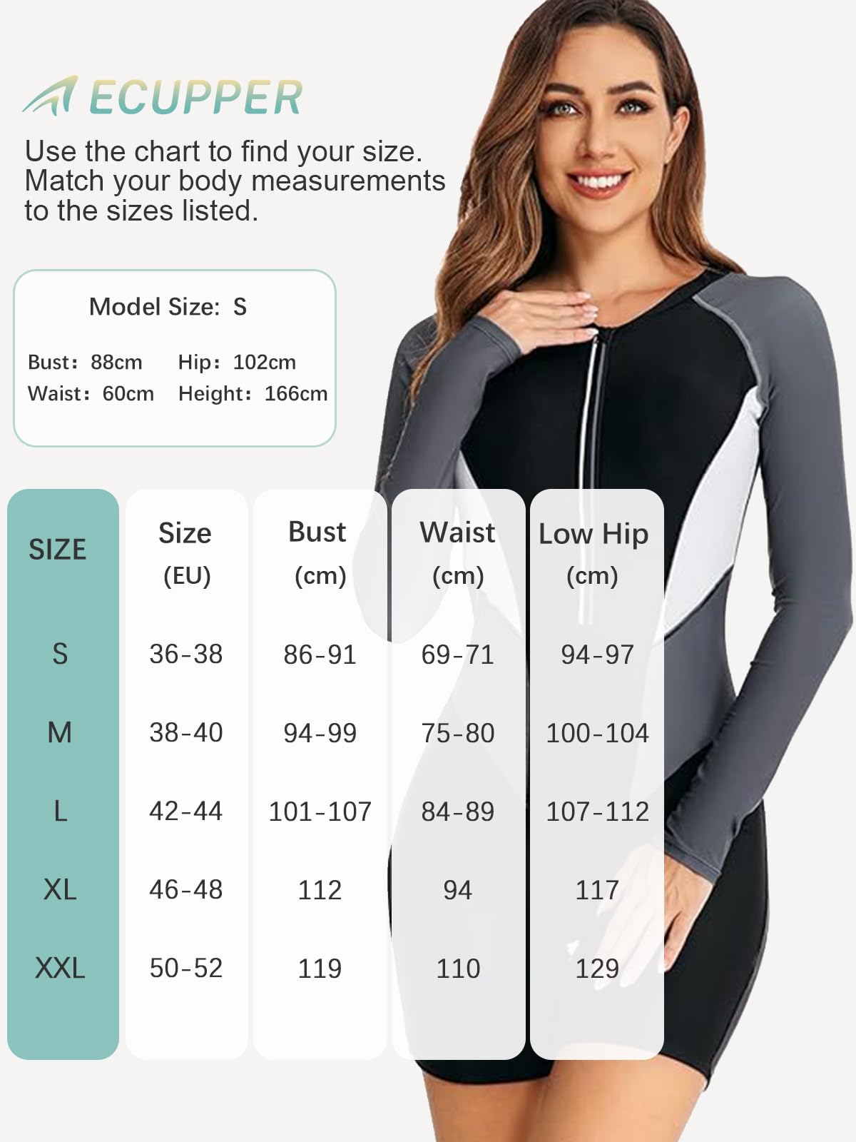 Ecupper Femmes Une pièce Protège-tiges Zipper Maillot de Bain Manches Longues Court Combinaison de Plongée Athlétique Surf Maillot de Bain Soutien-Gorge Intégré
