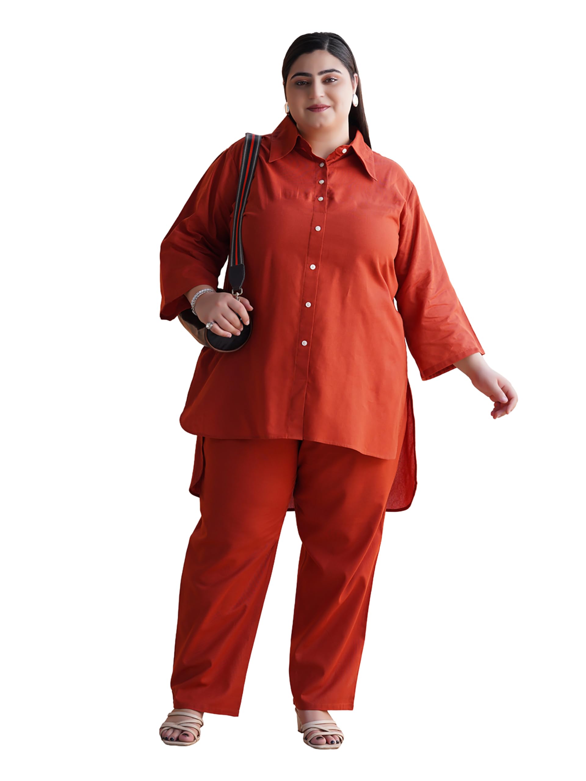 Plus Size Cotton Co-Ord Set for Women | Collared Up-Down Hem Shirt with Three-Quarter Sleeves & Elastic Waist Trousers | Casual Wear Outfit | Plus Size Summer Co-Ords | 3XL, 4XL, 5XL, 6XL-image-19