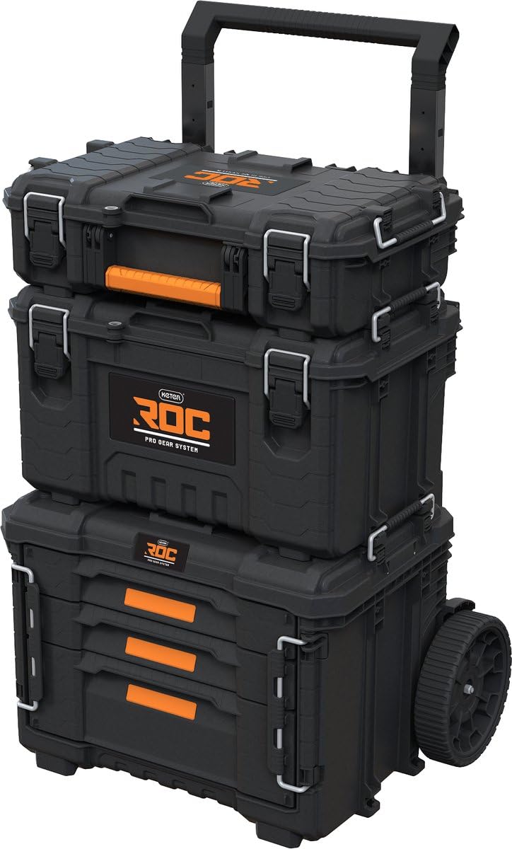 Keter Pro Gear XL Werkzeugwagen – 3 Koffer mit Schubladen, IP65 wasser- und staubdicht, abschließbar, 65x47,8x78,9-105,5 cm, Schwarz