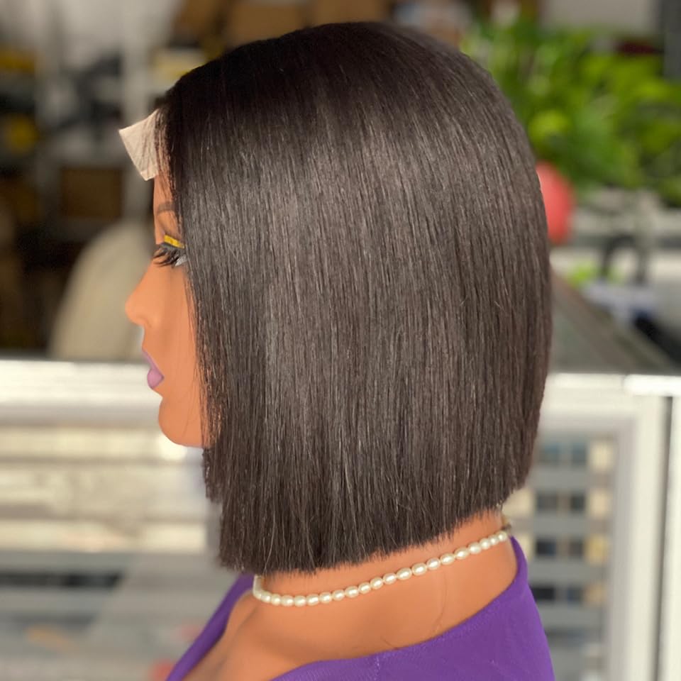 Vietnam Bone Straight glueless bob wig human hair 4x4 Bleached Knot Lace closure wigs for black women (Black, 10 Inch) (Black) (Black)