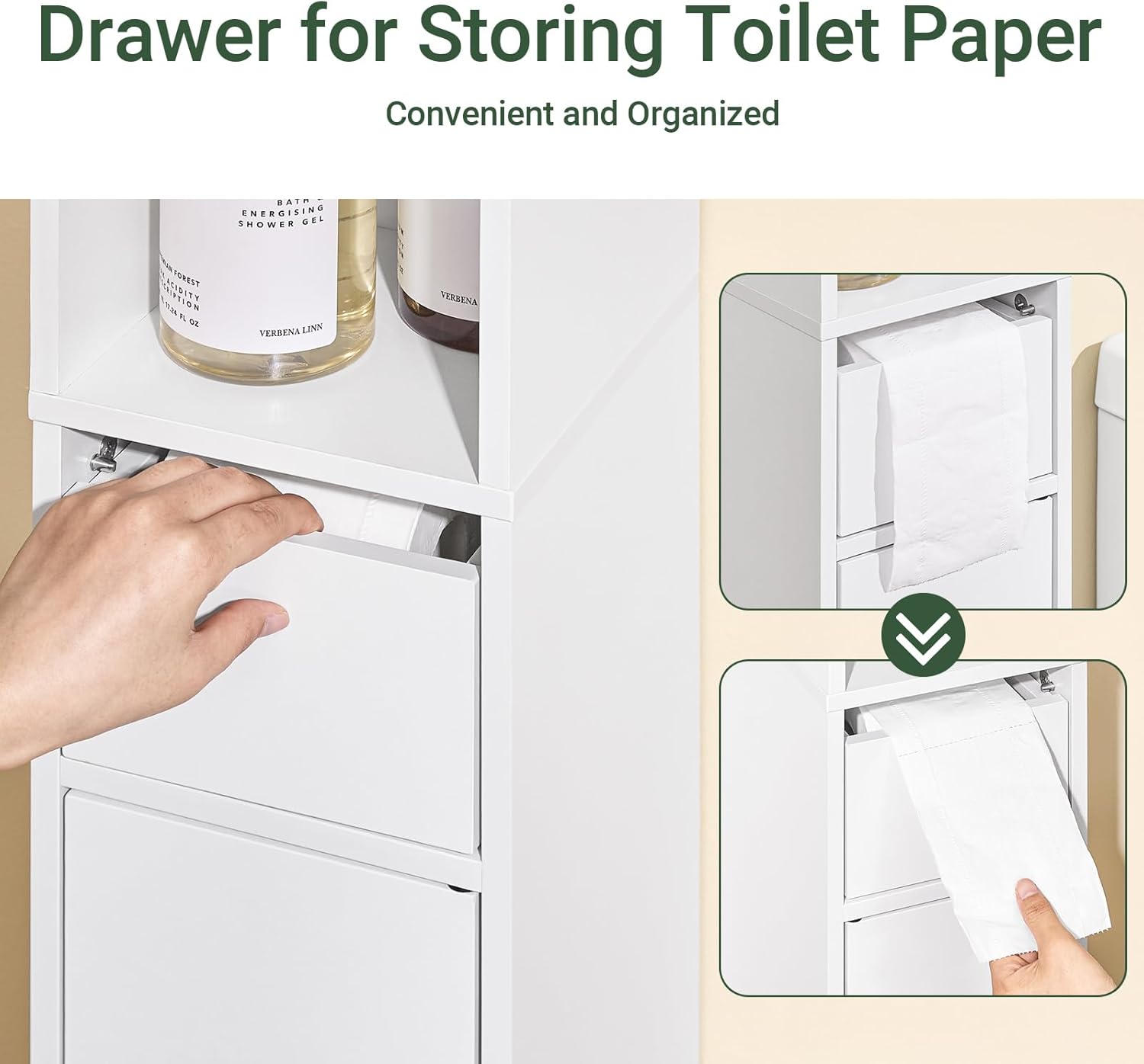 SoBuy Small Bathroom Storage Cabinet with Drawer, Narrow Toilet Paper Holder, Slim Compact Corner Cabinet, Freestanding Organizer for Small Spaces, Toilet or Laundry Room Furniture, White BZR34-K-W