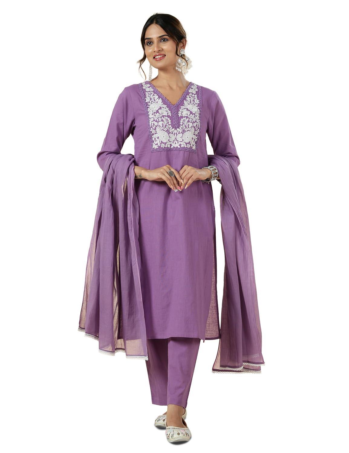 Embroidered Kurta Set for Women– 100% Cotton | V Neck | Embroidered Yoke with Lace Detailing | Three Piece Kurta Set Including Dupatta | ¾ Sleeve-image-5