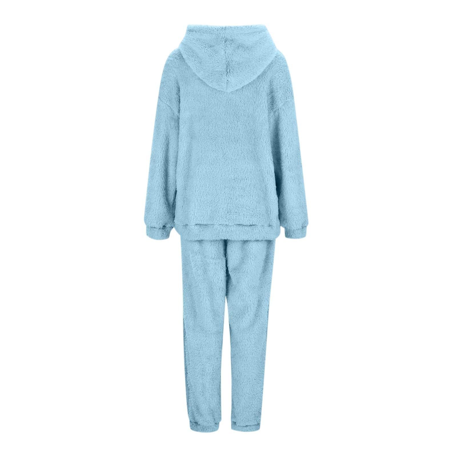Generisch Traje de casa para mujer con capucha y bolsillos, suave y grueso, pijama de un solo color, traje de felpa, traje térmico, traje de ocio largo, conjunto cómodo de dos piezas de invierno