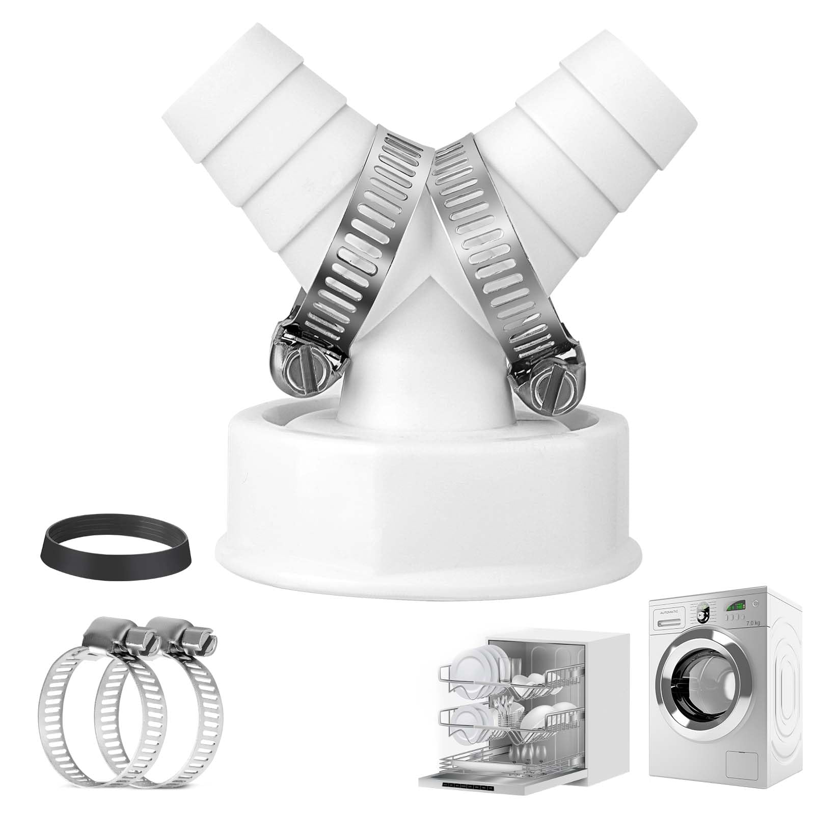 Adattatore Di Scarico A Y Per Lavatrice E Lavastoviglie, Ingresso 19-24 Mm, Uscita 40 Mm, Con 2 Fascette Stringitubo