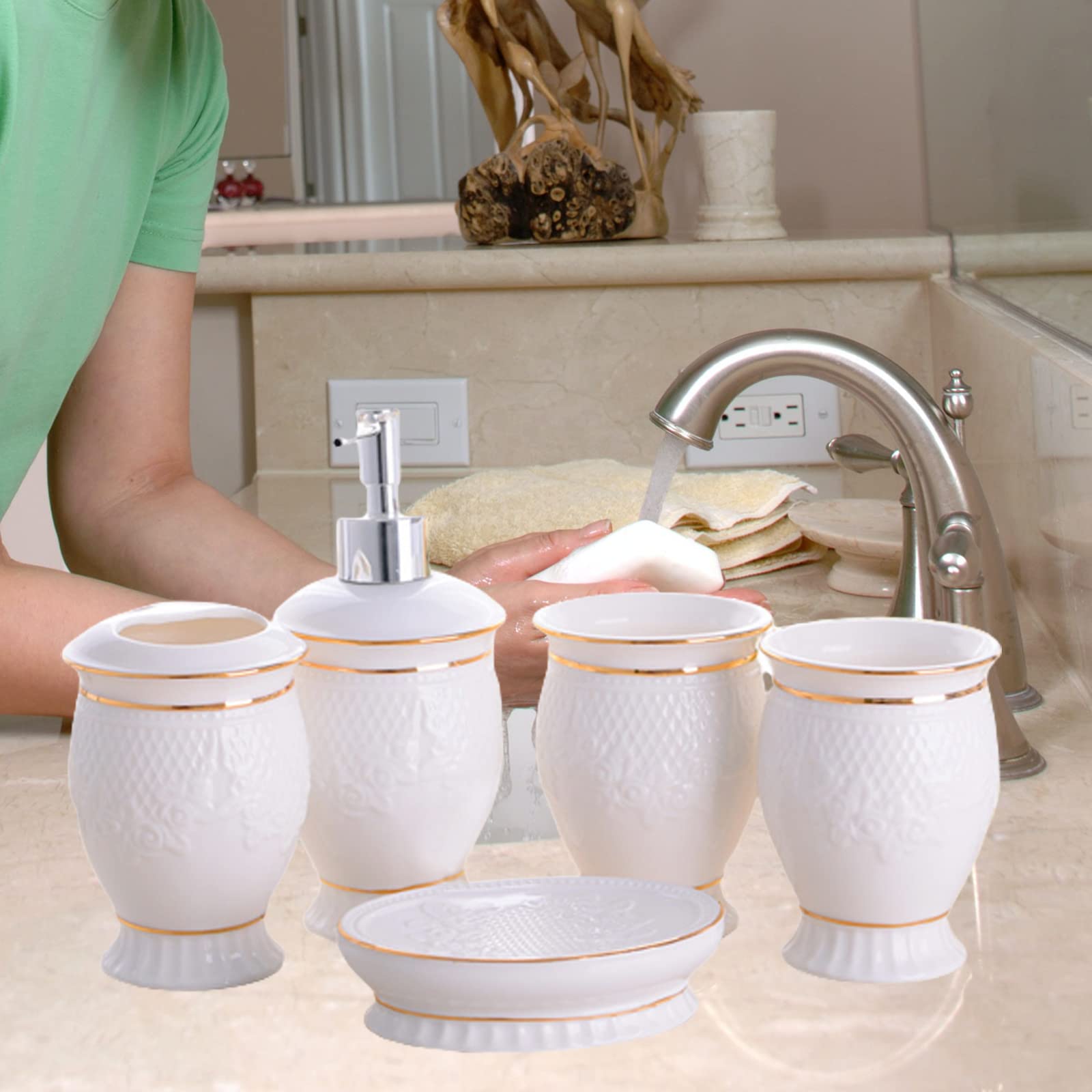 Juego de dispensador de jabón para baño, 5 Piezas, Accesorios Modernos para decoración de baño. Juego de Porta cepillos de Dientes para baño,Blanco,5 pcs