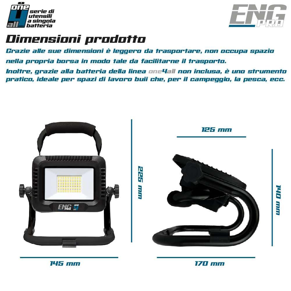 Faro Lampada 100 LED Luce da lavoro Faretto | Linea Professionale a Batteria ONE4ALL | 50 W Luminosità Regolabile fino a 5000 lm | 2 Batterie 2 e 4.0 Ah
