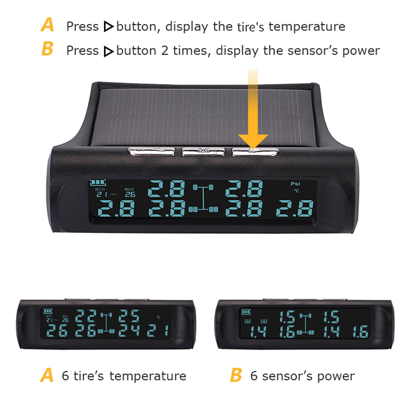 Shkalacar Presion Neumaticos Caravana, Sistema de Control de Presión de Neumáticos Tpms Carga de 6 Ruedas con Energía Solar para Camiones, Vehículos Recreativos, Autobuses