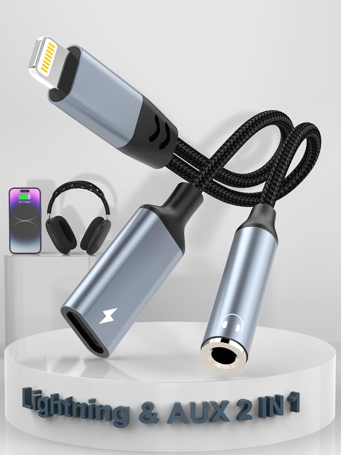 Lightning to 3.5mm Headphone Jack Adapter 【Apple MFi Certified】 2 in 1 iPhone Aux Audio & Charge Adapter, Phone Headphone Adapter Support Music+Charge