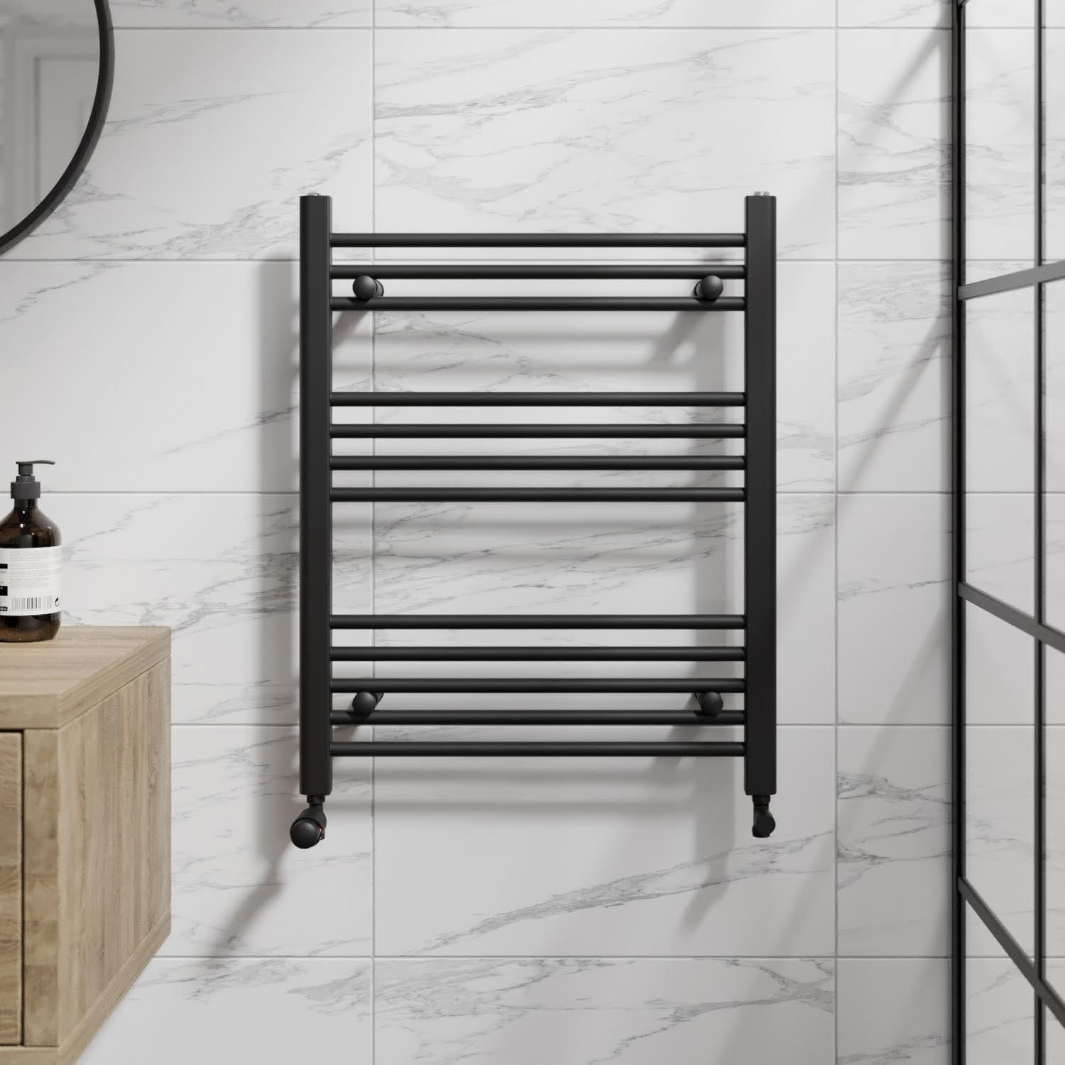 DuraTherm® 750 x 600mm Flat Straight Heated Towel Rail Radiator Modern Central Heating Bathroom Warmer Wall Mounted Ladder Rad, Matt Black
