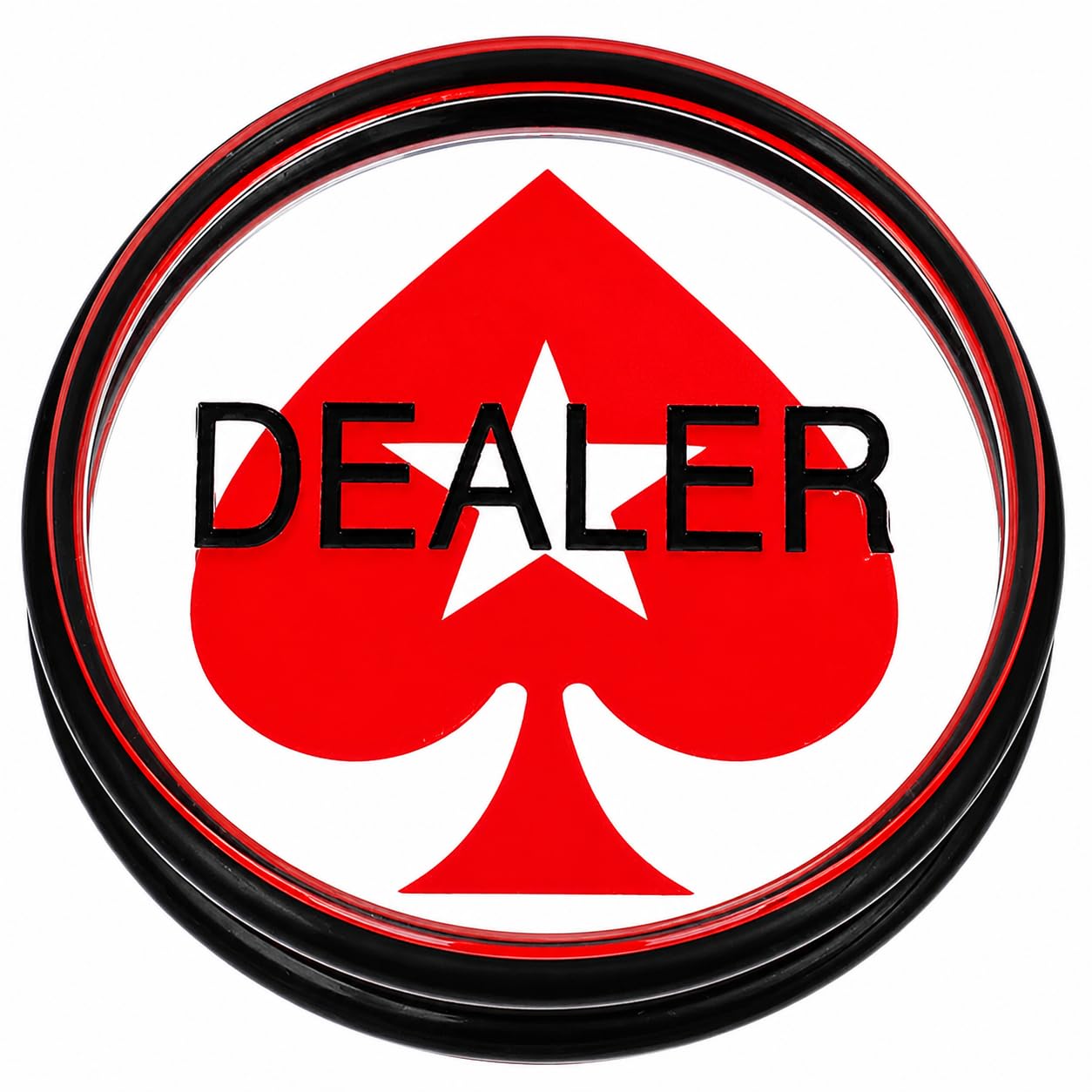 Przycisk pokera, Poker Dealer Button, czarno-czerwony, wykonany z wysokiej jakości szkła akrylowego z gumkami ochronnymi 7,5 cm x 1,8 cm, 80 gramów, czerwone piki gwiazdy