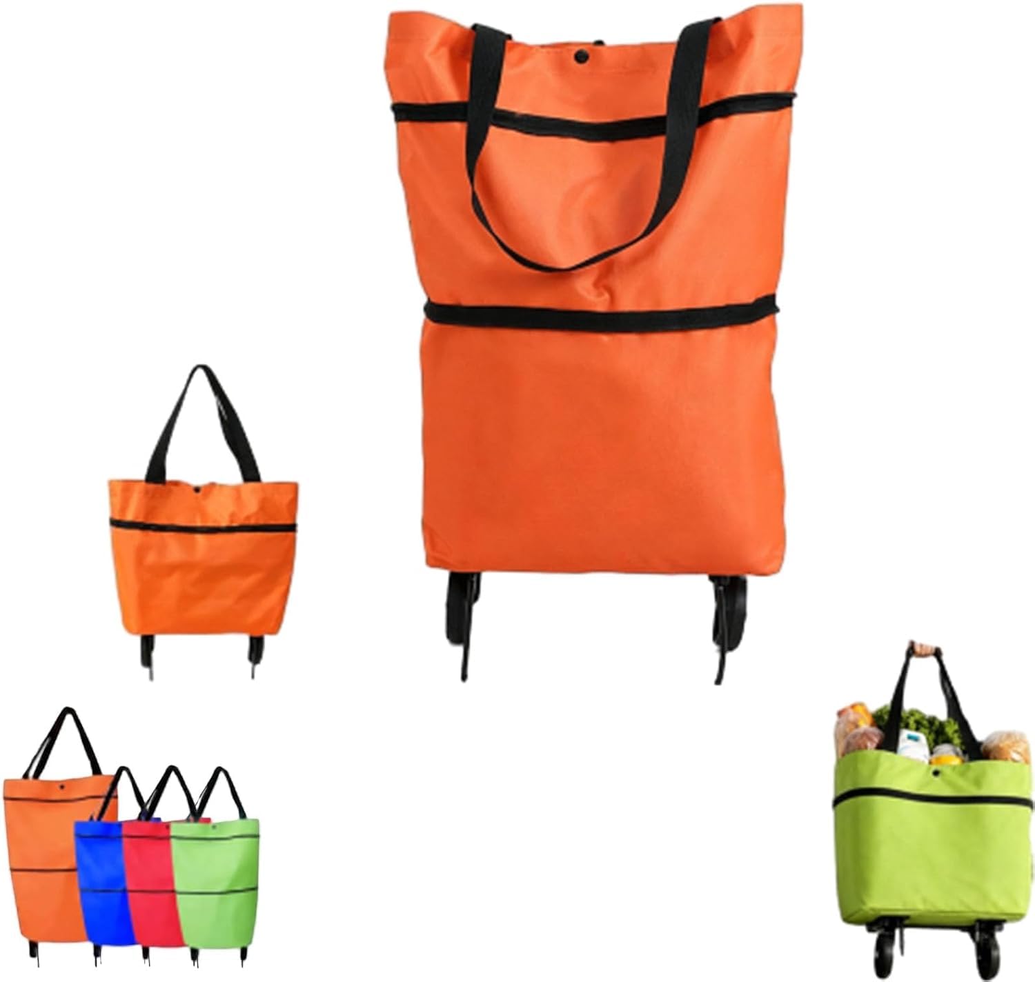 2-in-1 Foldable Shopping Cart with Wheels Waterproof Oxford Fabric Grocery Bag Hand Truck Collapsible Portable Rolling Tote for Supermarket Laundry Travel (Orange)