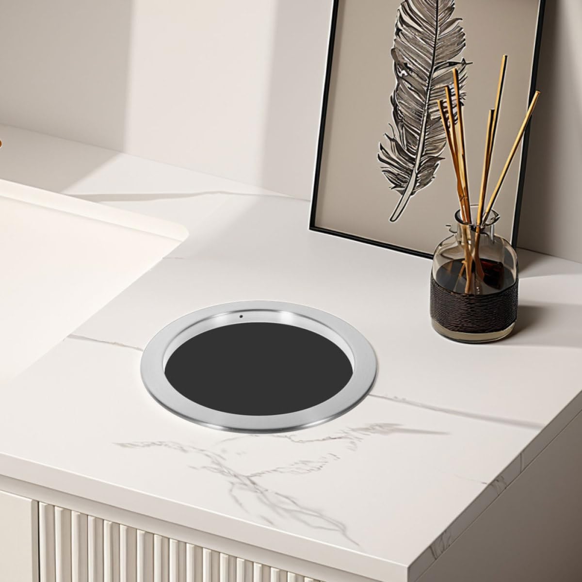 OSALADI Tapa Empotrada para Cubo de Basura de Cocina en Acero Inoxidable 430, Diseño Hueco Anillo Redondo, Cubierta Abatible Integrada para Encimeras, Solución Oculta y Compacta