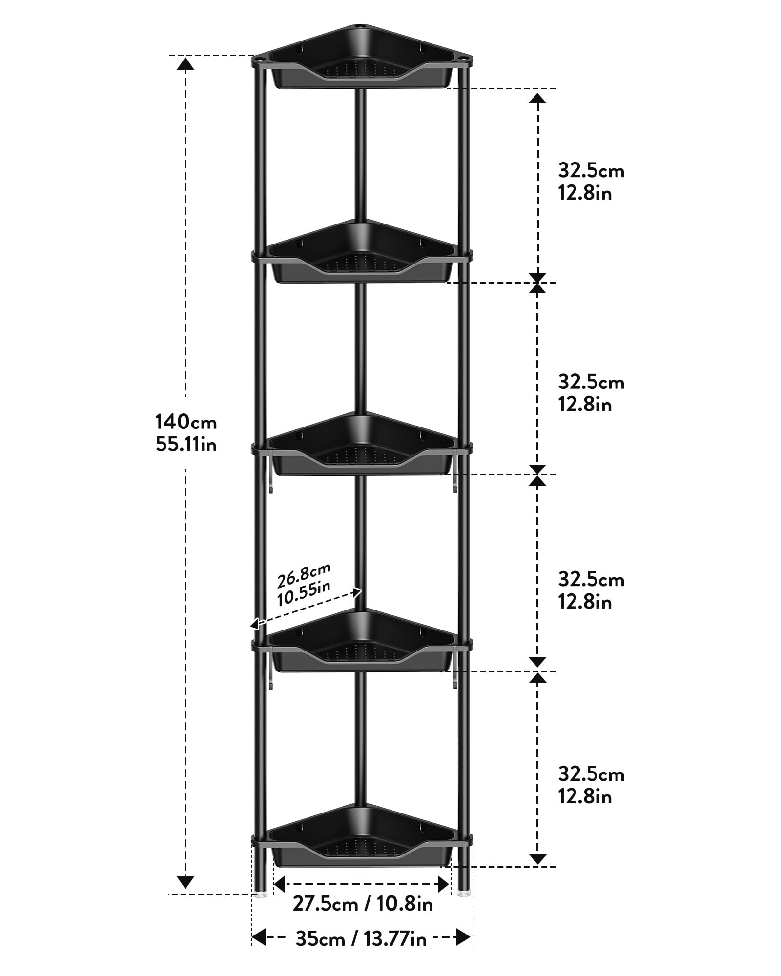 Orimade Organizador de ducha de esquina de 5 niveles a prueba de óxido, estante de esquina de plástico de aluminio para baño, color negro